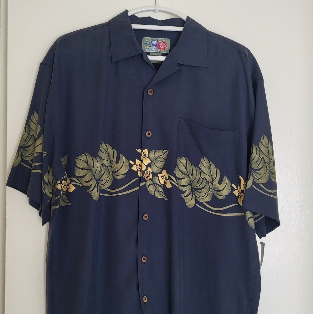VTG Hilo Hattie Shirt Men's S Blue Yellow Hawaiian Aloha Silk